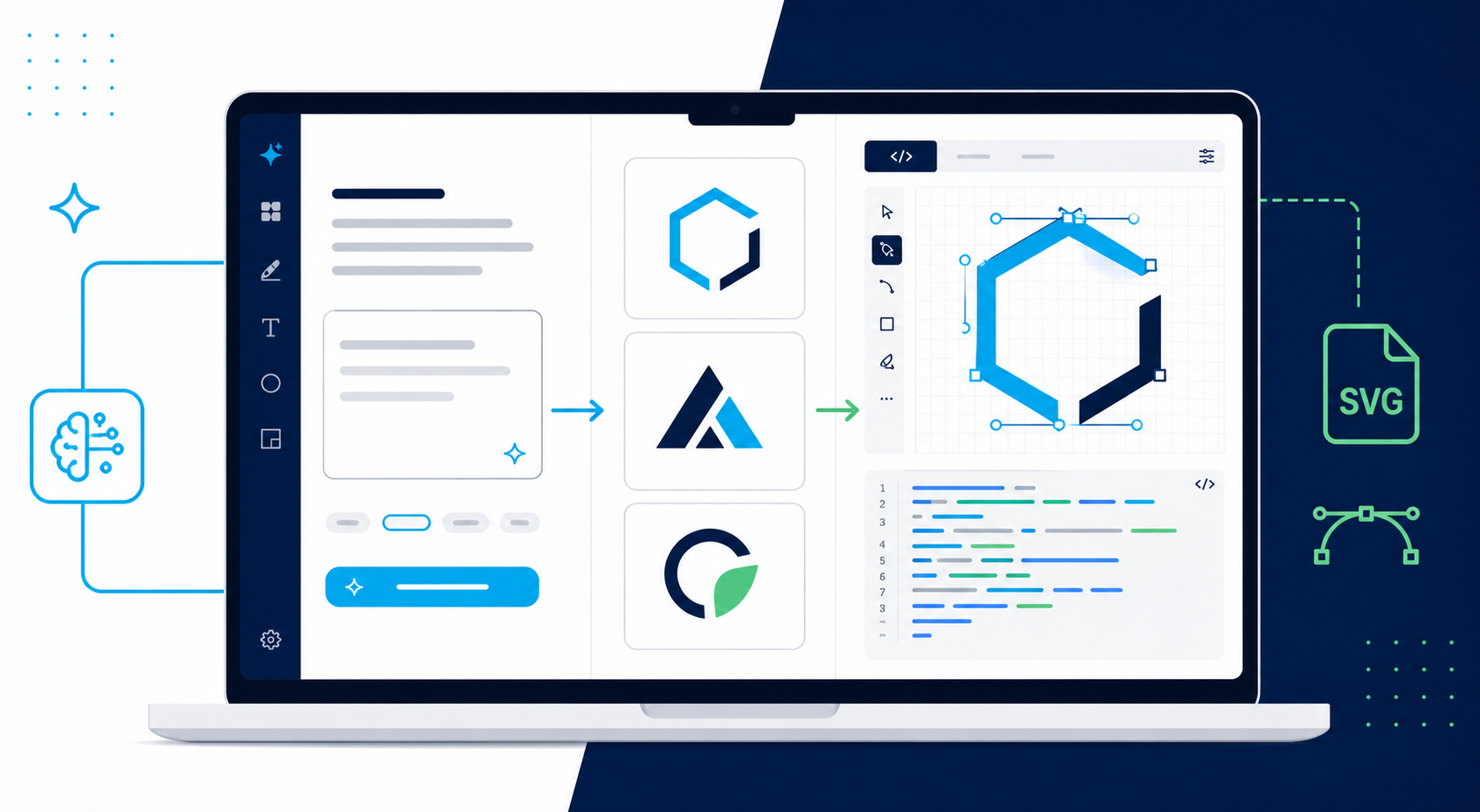 AI logo maker workflow showing prompt, logo concepts, and editable SVG path inspection