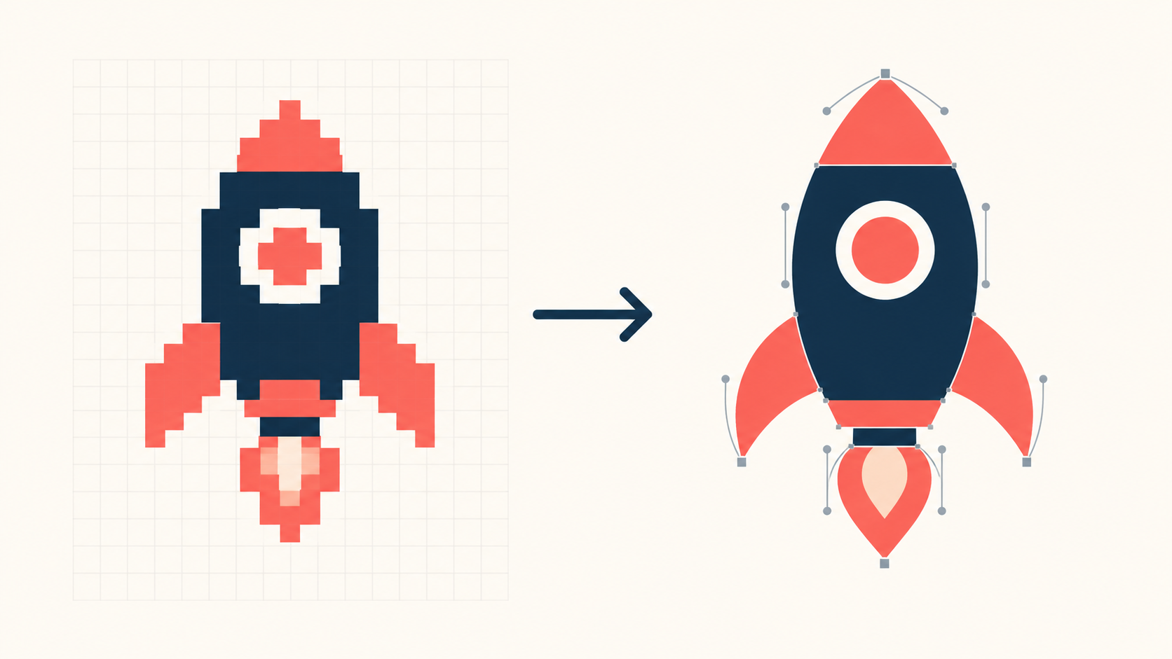 A pixelated bitmap rocket being rebuilt as a crisp SVG with vector anchor points