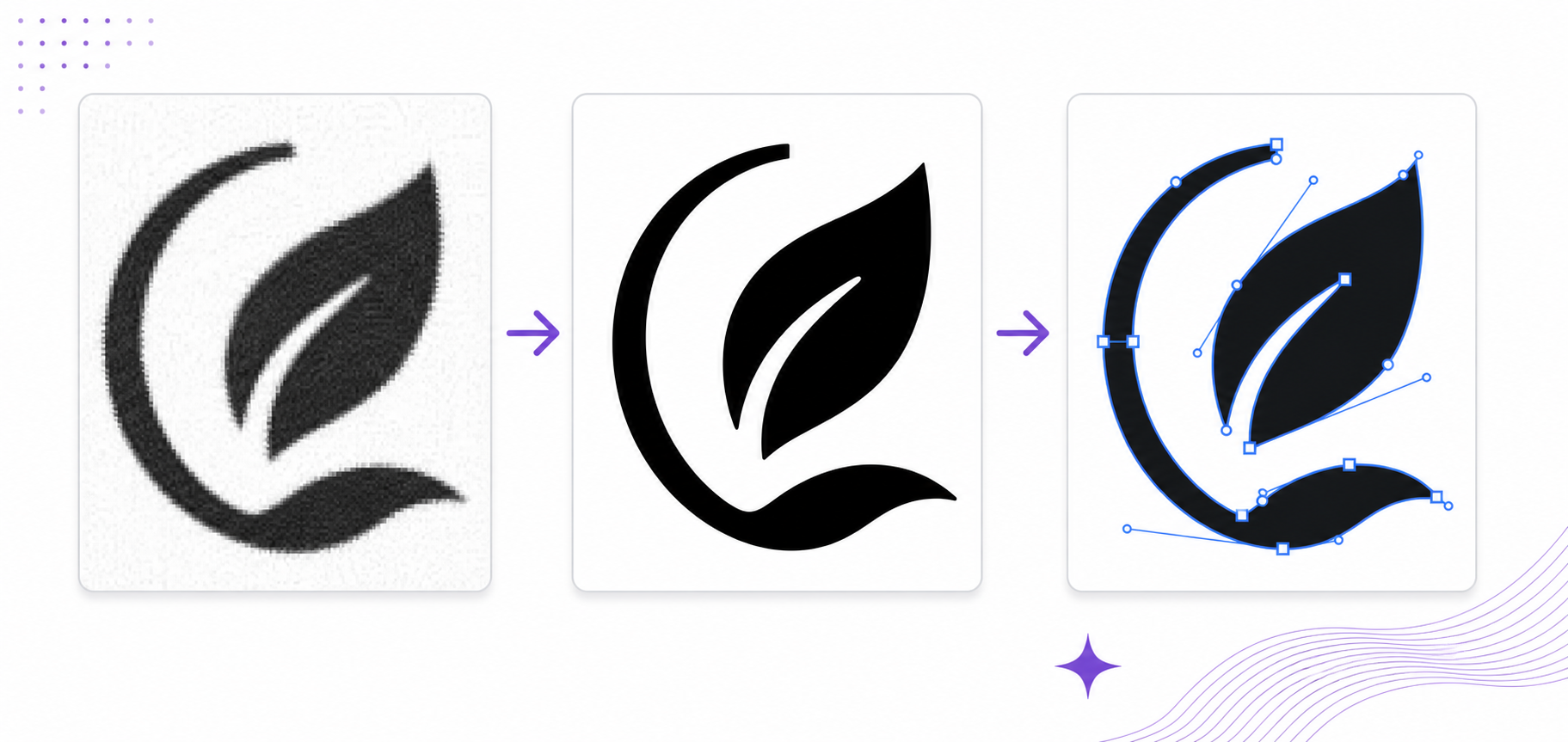 Black and white image to SVG workflow showing a noisy raster mark cleaned into crisp editable vector paths