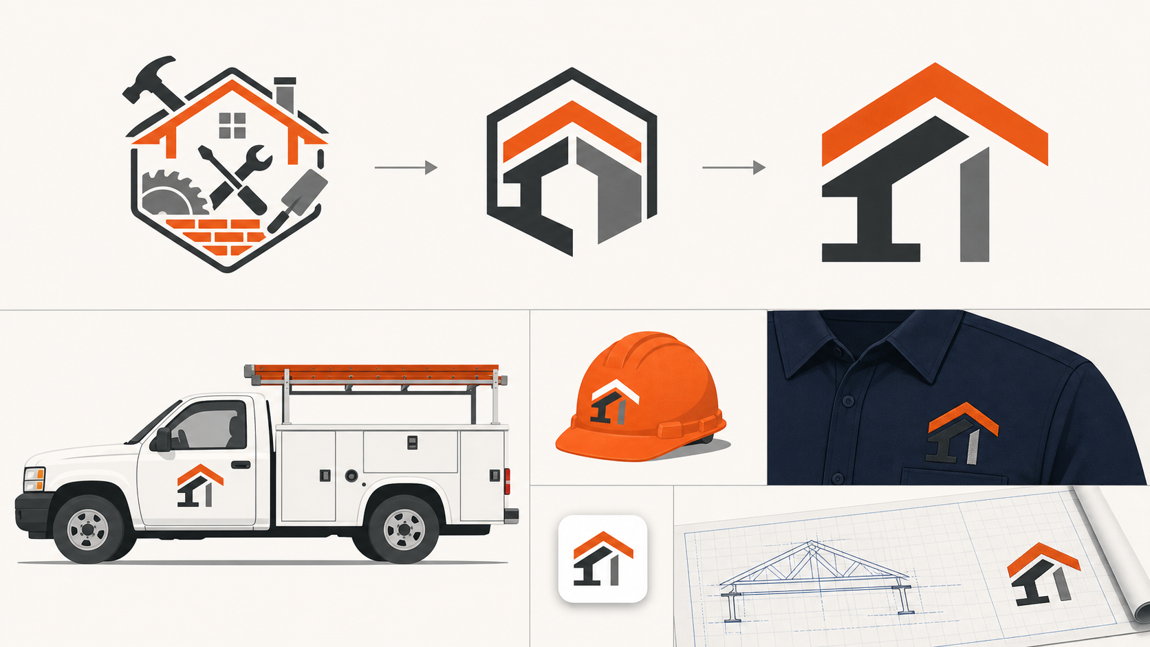 Construction logo design progressing from a cluttered mark to a clean SVG used on a truck, hard hat, shirt, favicon, and blueprint