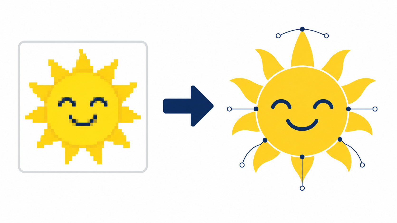 Pixelated sun clipart converted into a clean SVG with editable vector anchor points