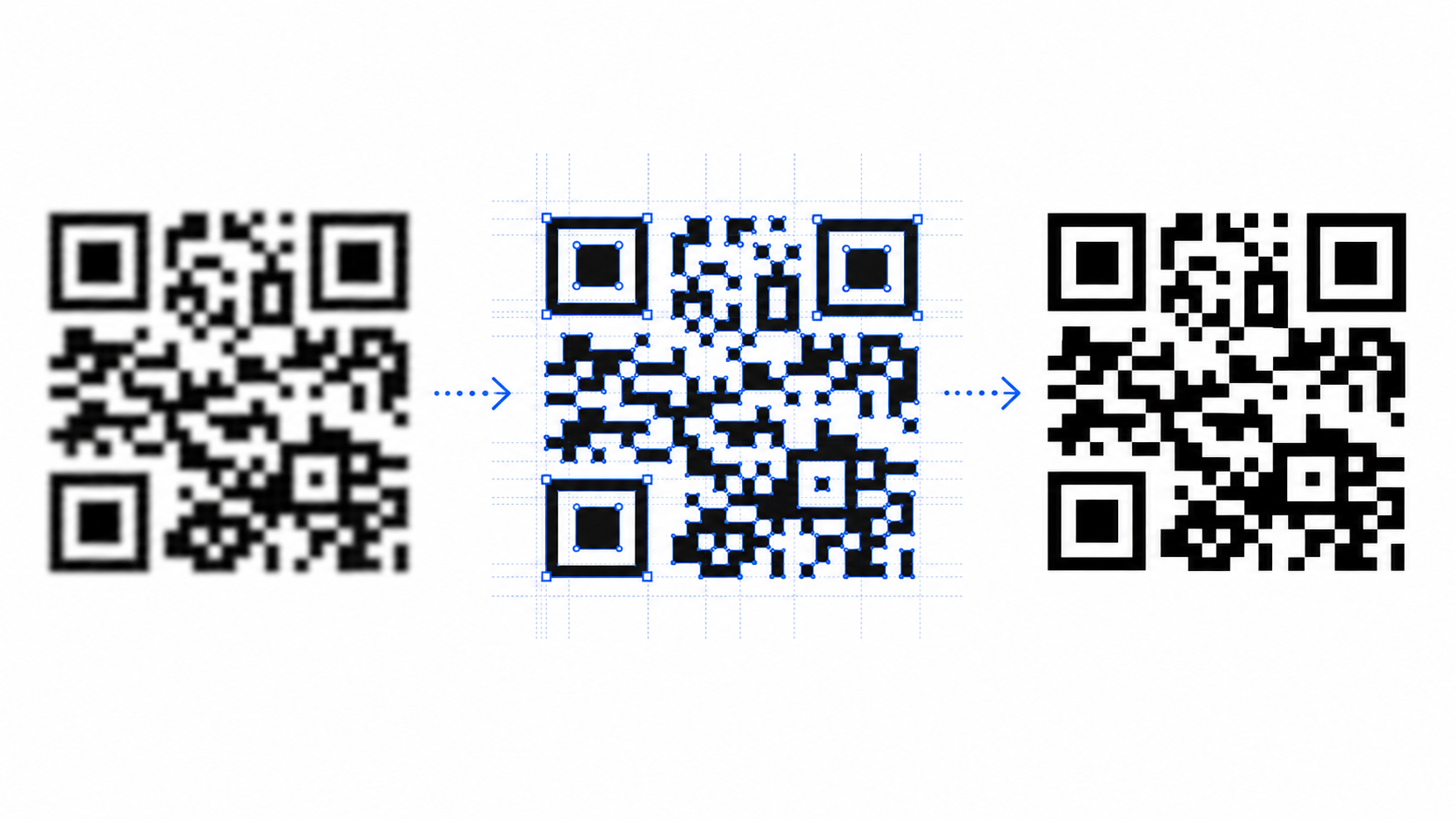 A blurry raster QR code becoming clean vector paths and a crisp SVG QR code