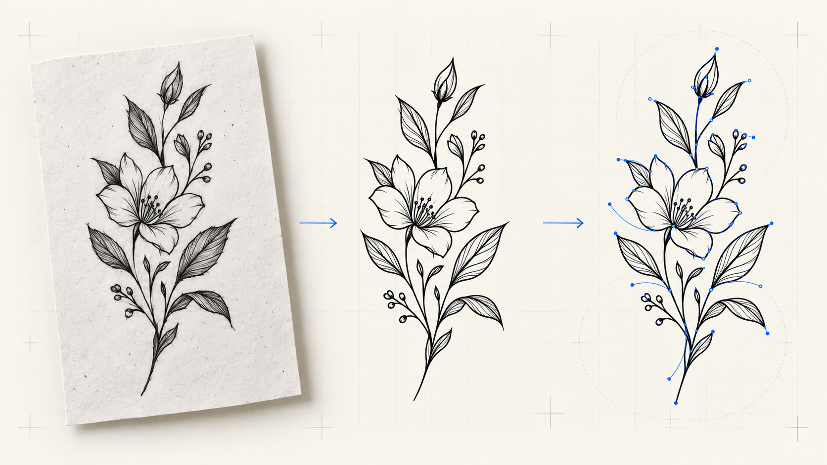 Tattoo artwork moving from a paper sketch through high-contrast cleanup to a smooth vector SVG with anchor points
