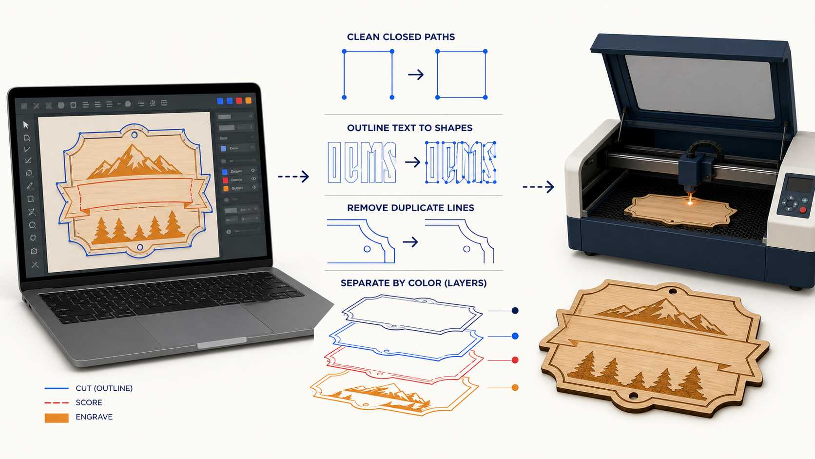 SVG editor workflow showing colored cut, score, and engraving paths becoming a laser-cut wooden sign