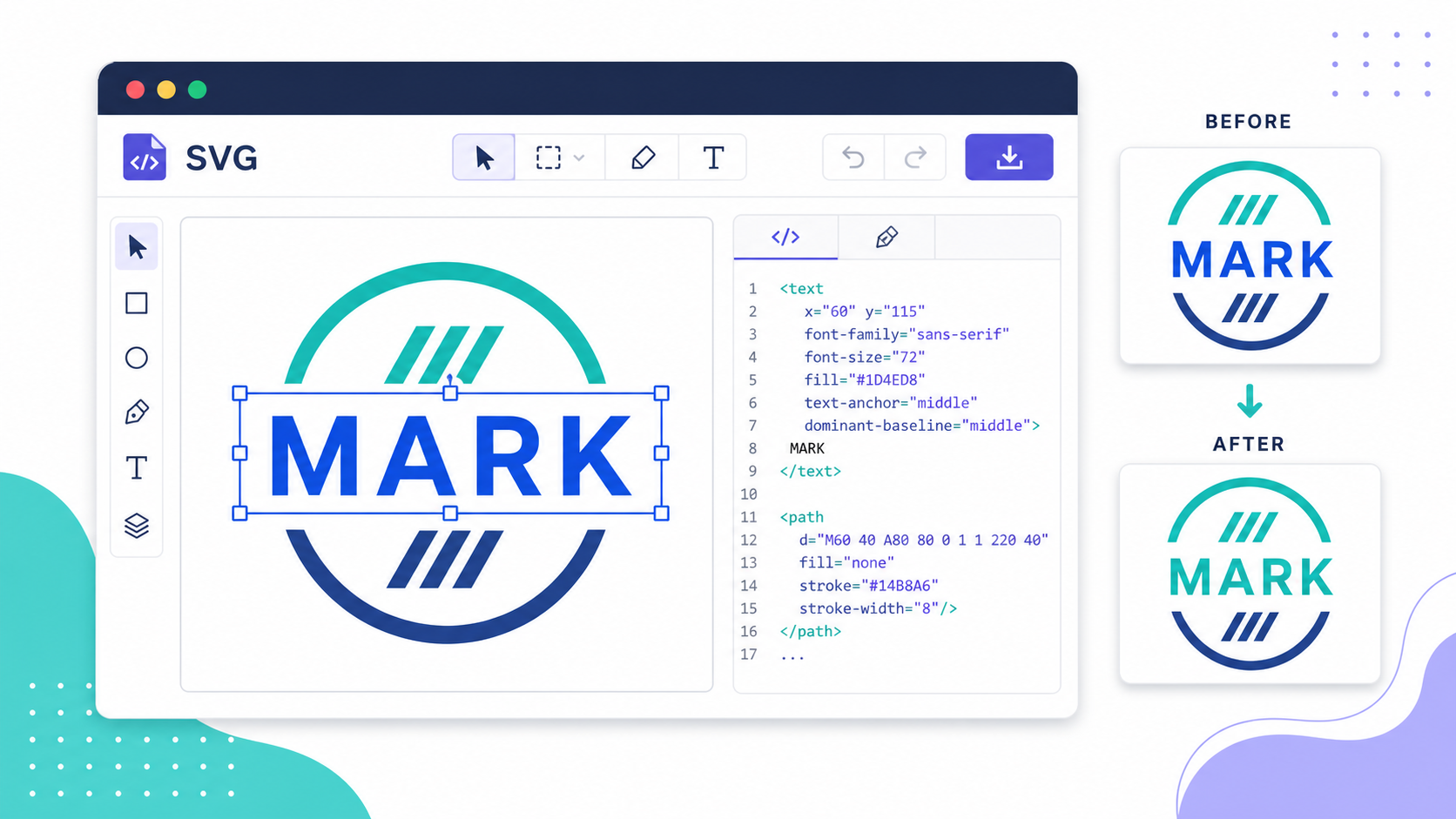 Browser SVG text editor showing selected text, SVG code, and before-after previews