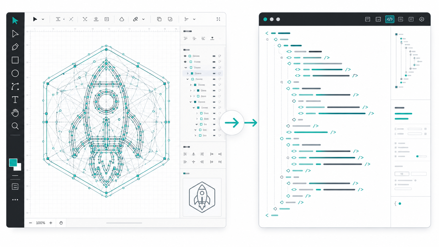 Figma SVG export workflow showing messy vector markup becoming clean production SVG code