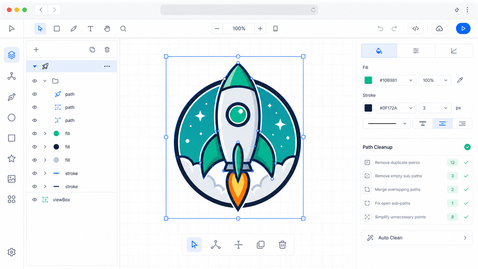 Browser SVG editor showing an AI-generated vector logo selected with path handles, layer inspection, color cleanup, and viewBox repair controls
