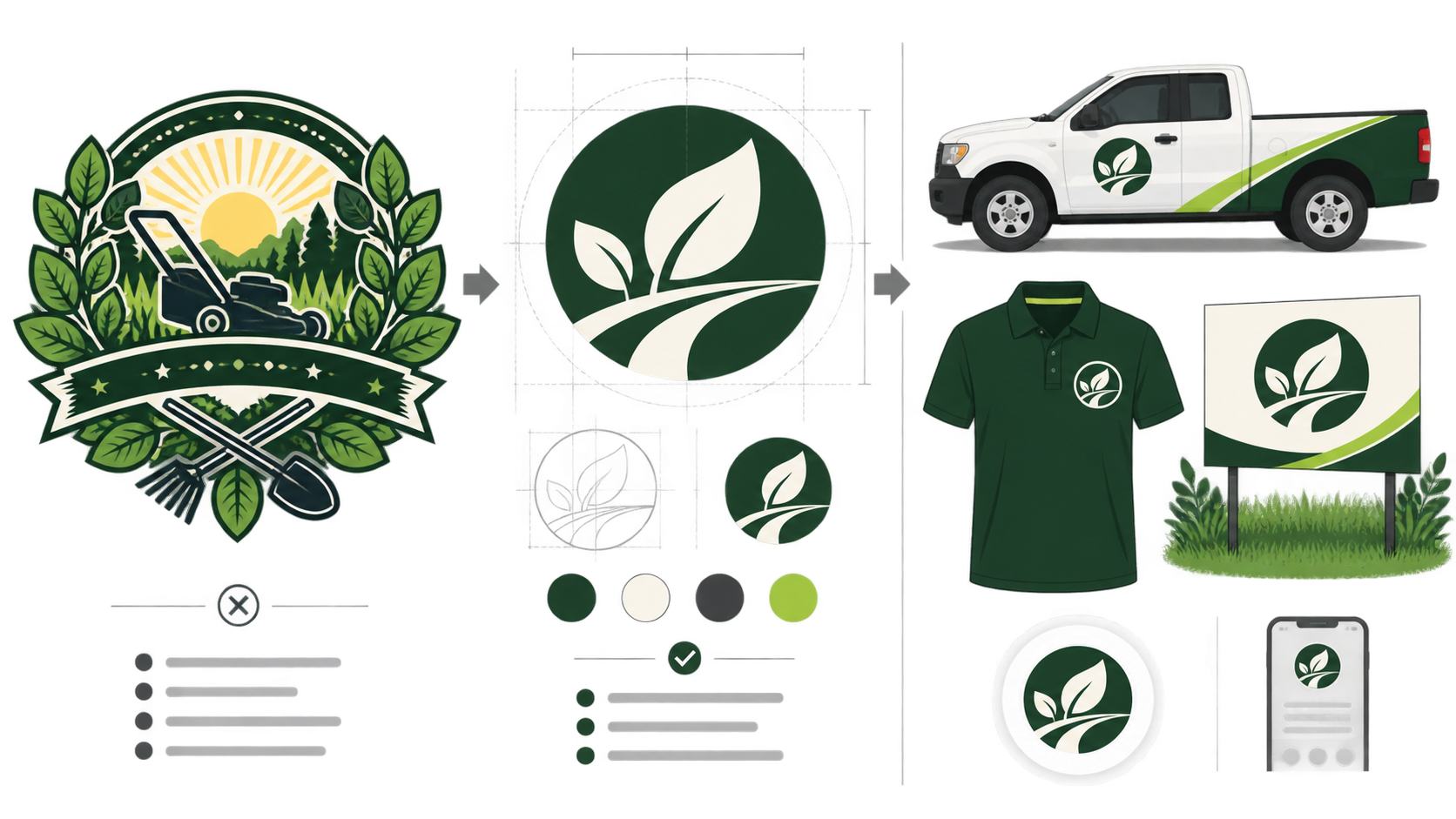 A cluttered lawn-care badge refined into a clean landscaping SVG logo and applied to a truck, polo shirt, yard sign, and profile icon