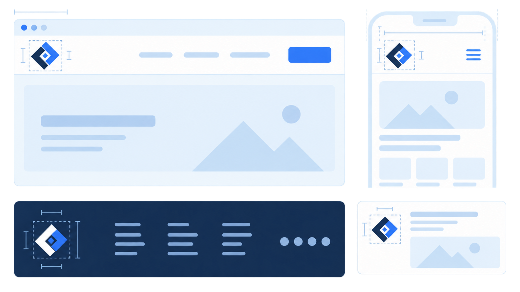 Website logo shown in desktop header, mobile header, footer, and social preview placements with sizing guides