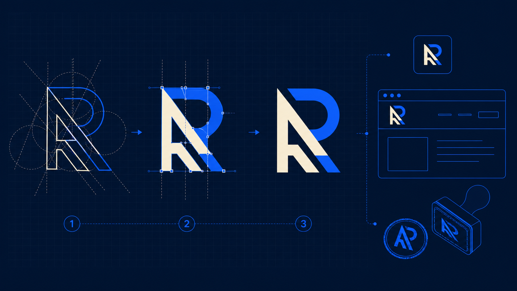 Monogram logo maker workflow from overlapping initials to clean SVG, favicon, header, and one-color applications