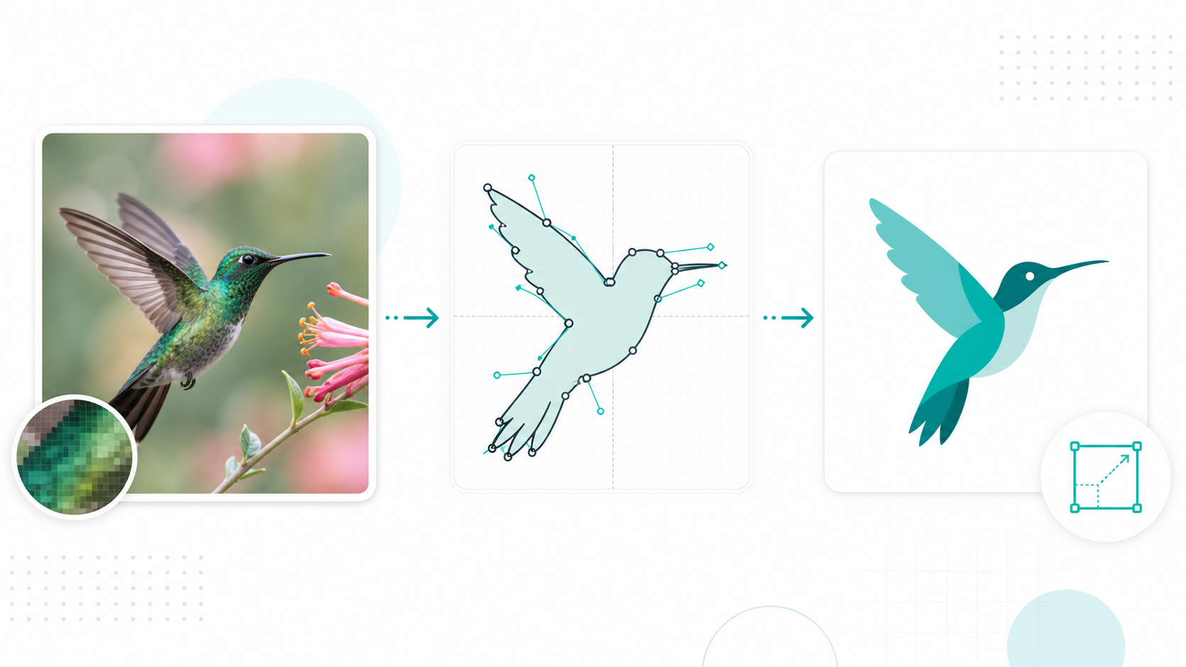Photo to SVG workflow showing a raster photo simplified into clean vector paths and a crisp SVG output