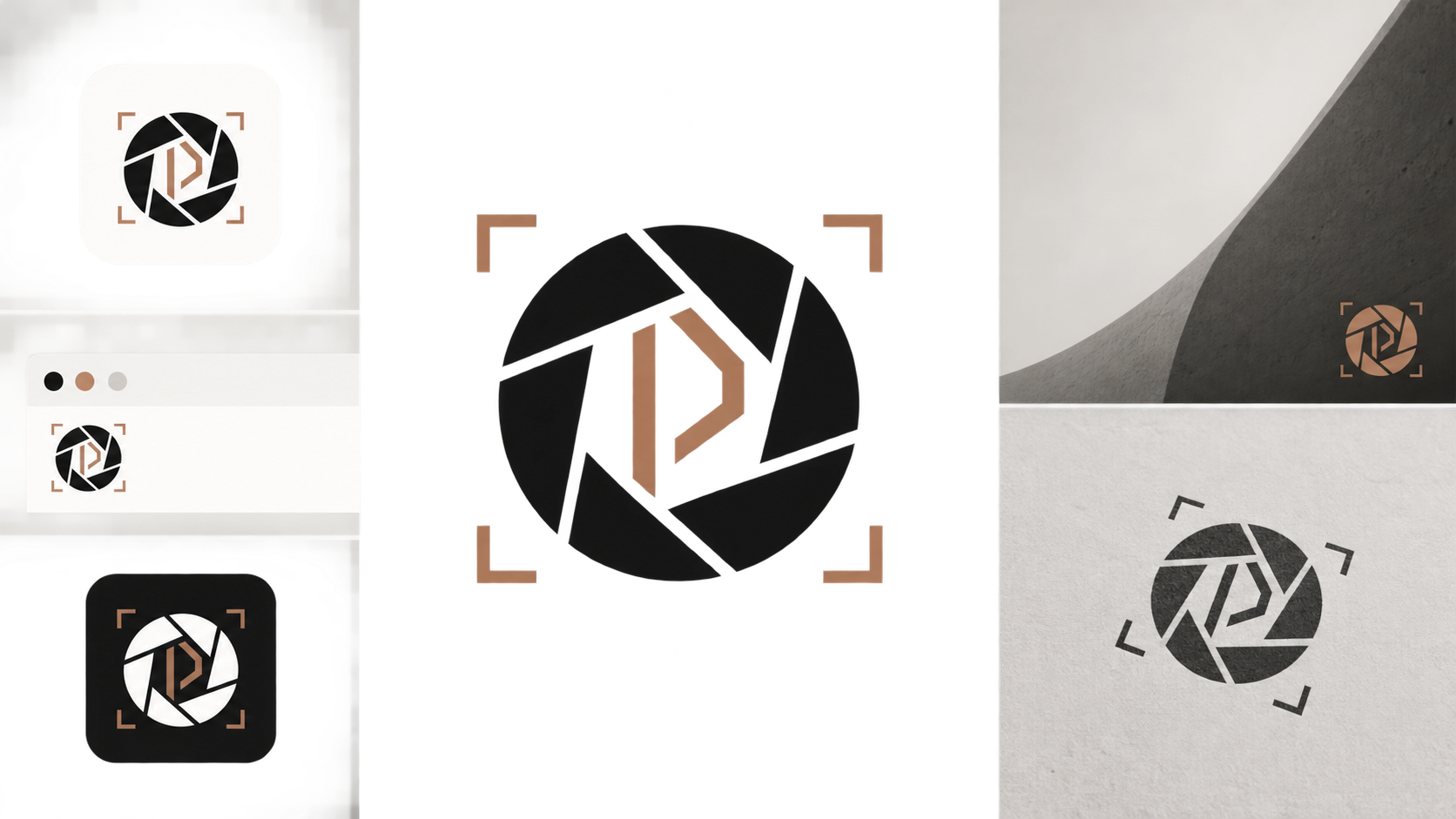 A minimal photography logo shown as a favicon, portfolio header, photo watermark, social avatar, and monochrome print mark