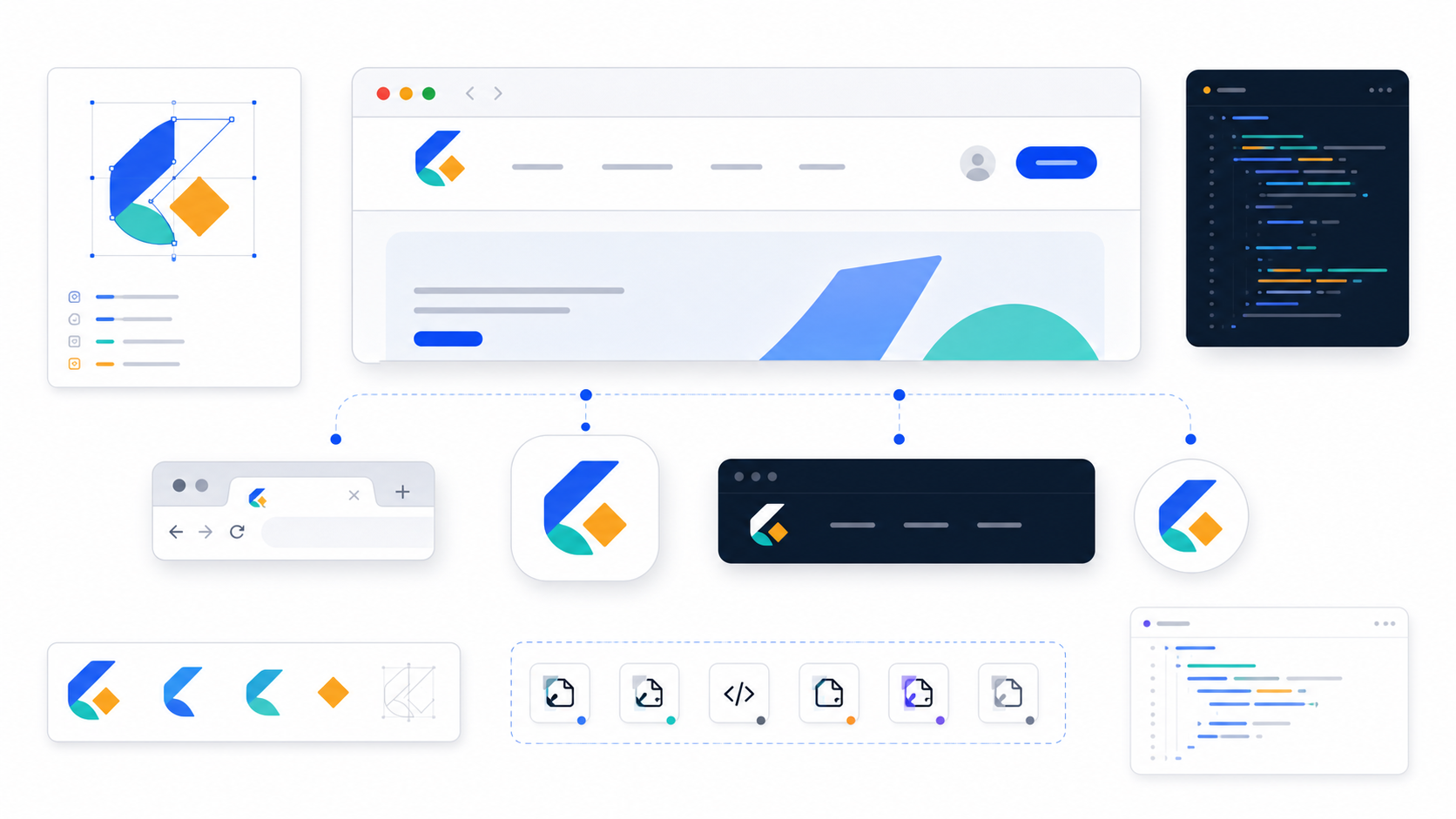Responsive SVG logo system showing one brand mark adapted for website header, favicon, mobile app icon, social avatar, and dark mode