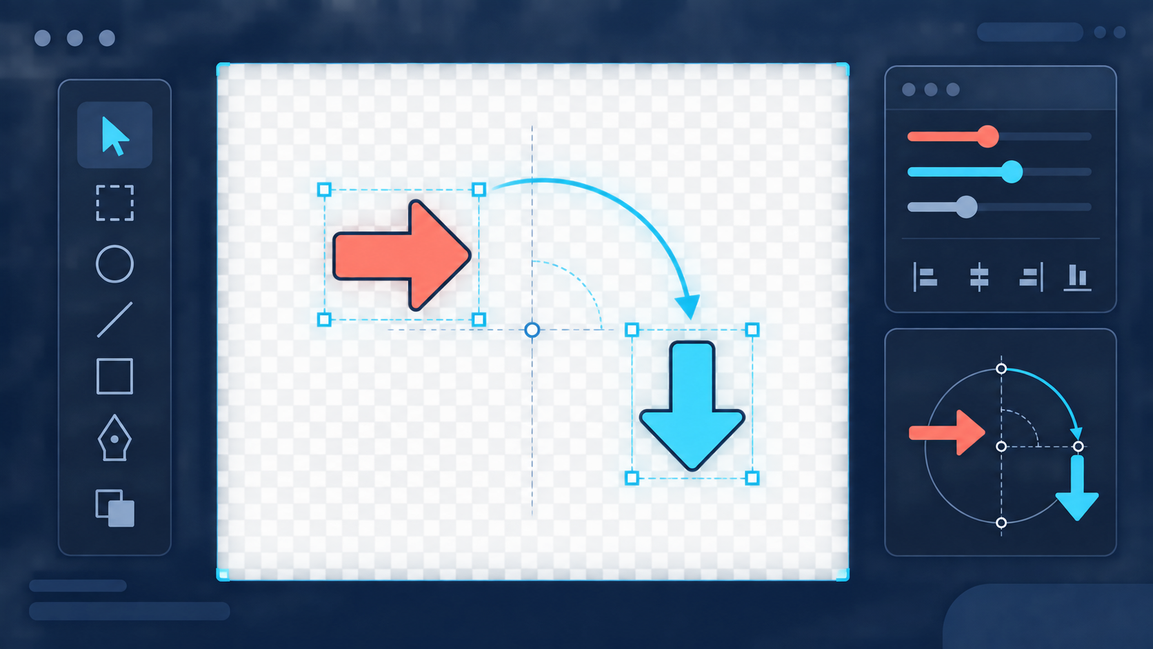 Vector arrow rotating inside an SVG editor artboard with safe space around its bounding box