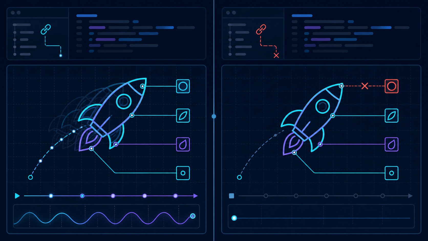 Animated SVG before and after optimization, showing a broken selector and renamed path ID
