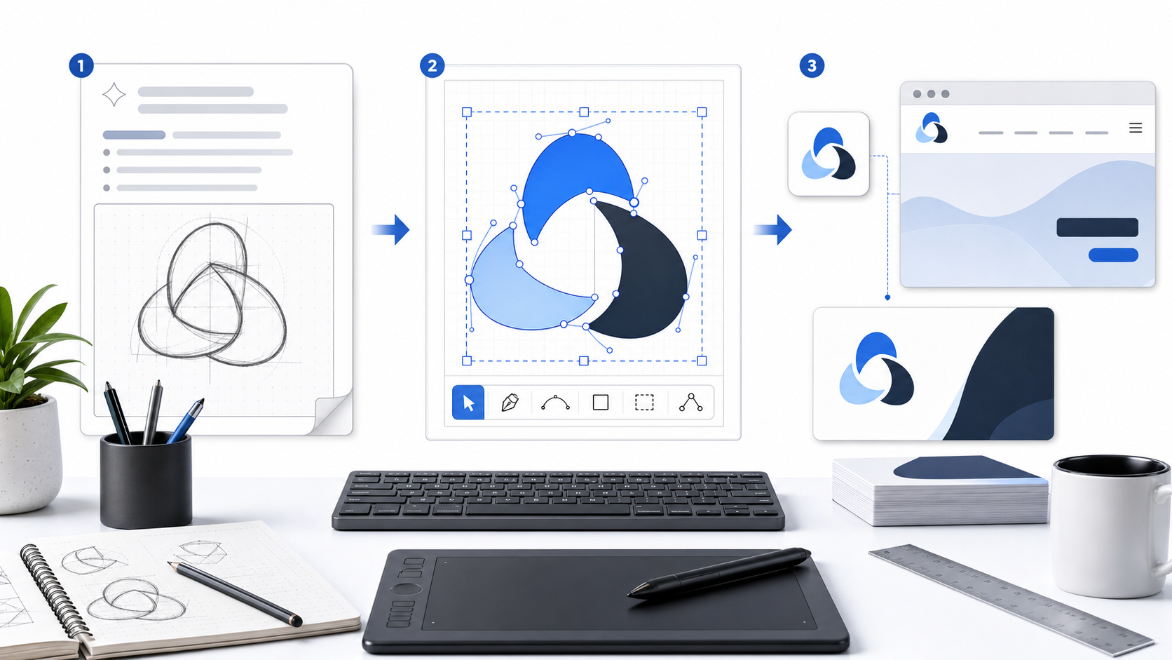 SVG logo maker workflow showing prompt, editable vector paths, and brand-ready exports