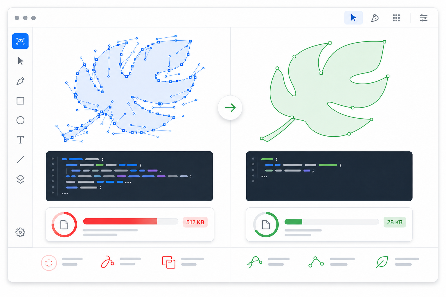 Split-screen SVG path optimizer workflow showing bloated vector paths becoming a cleaner, smaller SVG file